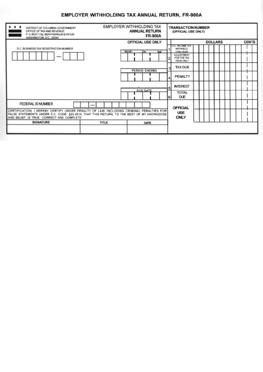 Form Fr-900a - Employer Withholding Tax Annual Return Printable pdf