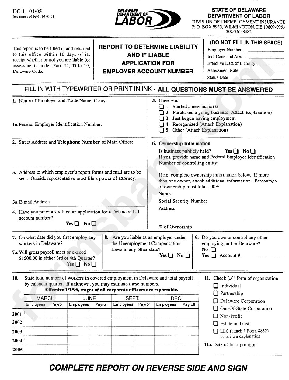 Form Uc-1 - Report To Determine Liability And If Liable Application For Employer Account Number - De Dept.of Labor