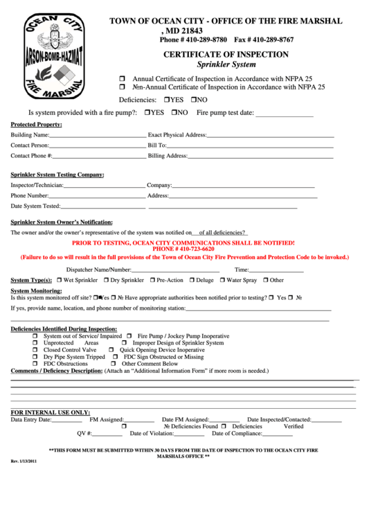 Fillable Certificate Of Inspection - Sprinkler System - Ocean City Fire Marshal Printable pdf