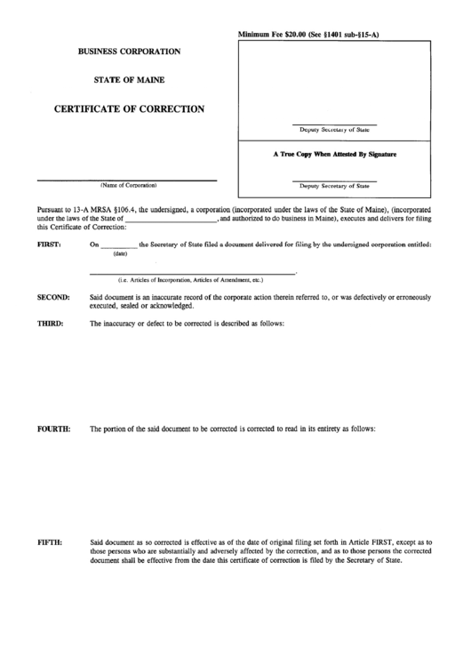 Form Mbca-17 - Certificate Of Correction - Maine Secretary Of State Printable pdf