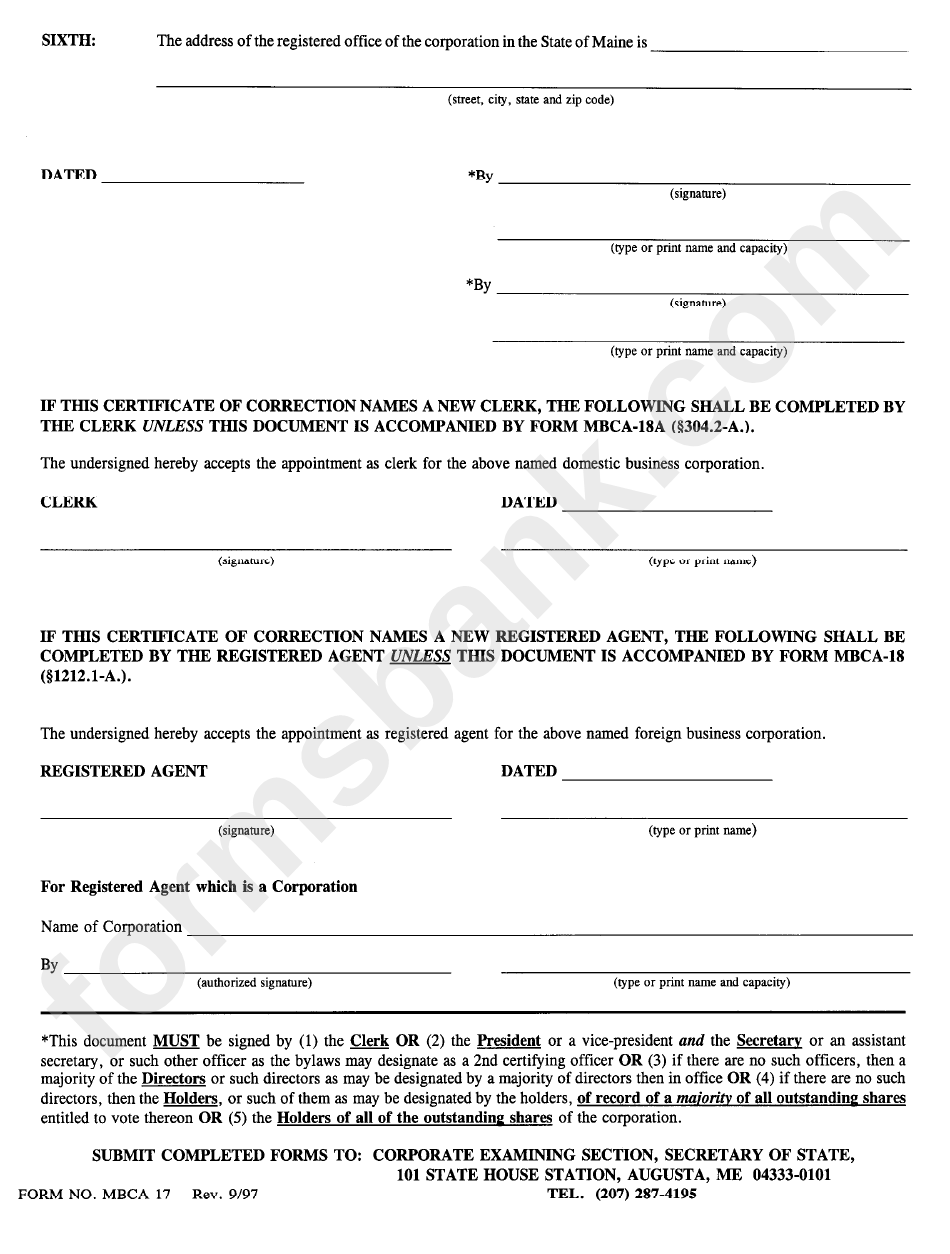 Form Mbca-17 - Certificate Of Correction - Maine Secretary Of State