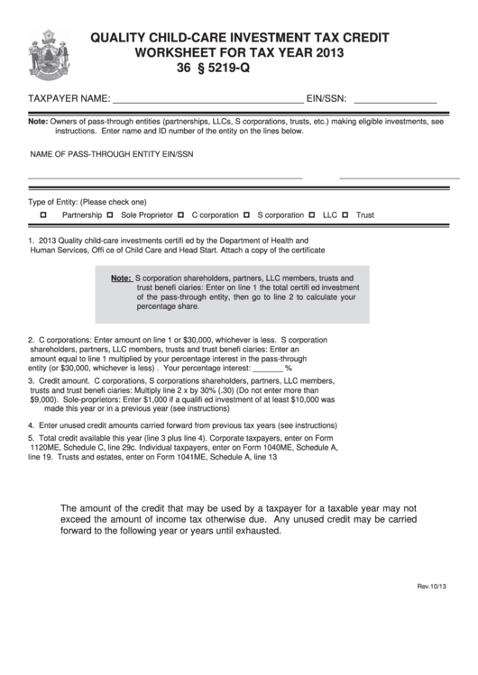 Quality Child-Care Investment Tax Credit Worksheet For Tax Year 2013 Printable pdf