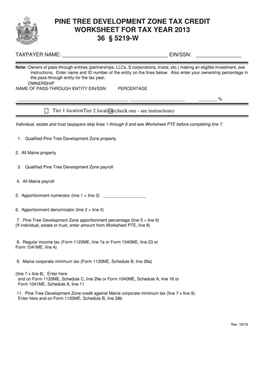 Pine Tree Development Zone Tax Credit Worksheet For Tax Year 2013 - Maine Department Of Revenue Printable pdf