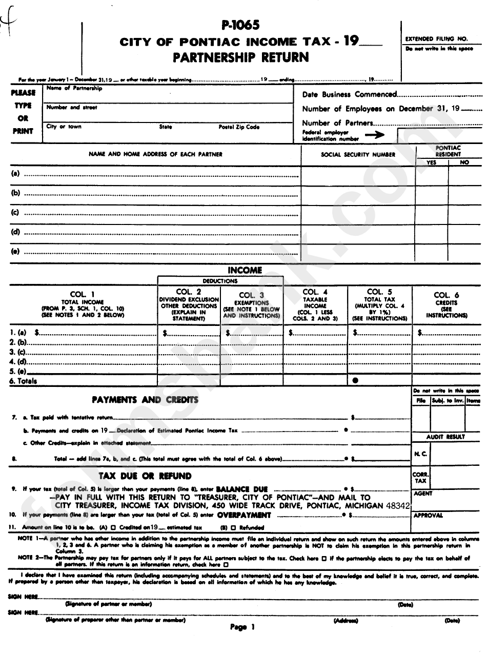 Form P-1065 - City Of Pontiac Income Tax Partnership Return