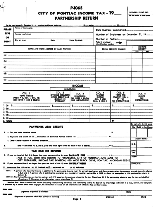 Form P-1065 - City Of Pontiac Income Tax Partnership Return Printable pdf