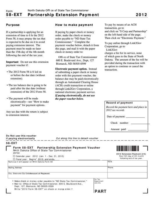 Fillable Form 58-Ext - Partnership Extension Payment - 2012 Printable pdf