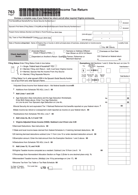 Fillable Form 763 - Virginia Nonresident Income Tax Return - 2015 Printable pdf