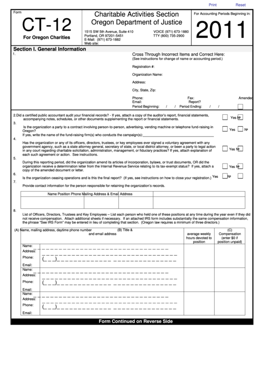 Fillable Form Ct-12 - Tax Return For Oregon Charities - 2011 Printable pdf
