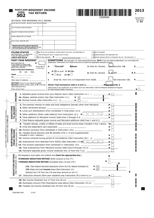 Fillable Maryland Form 502 Resident Tax Return 2013