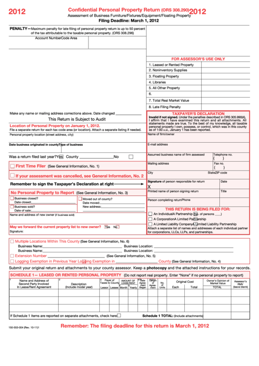 Fillable Form 150-553-004 - Confidential Personal Property Return - 2012 Printable pdf