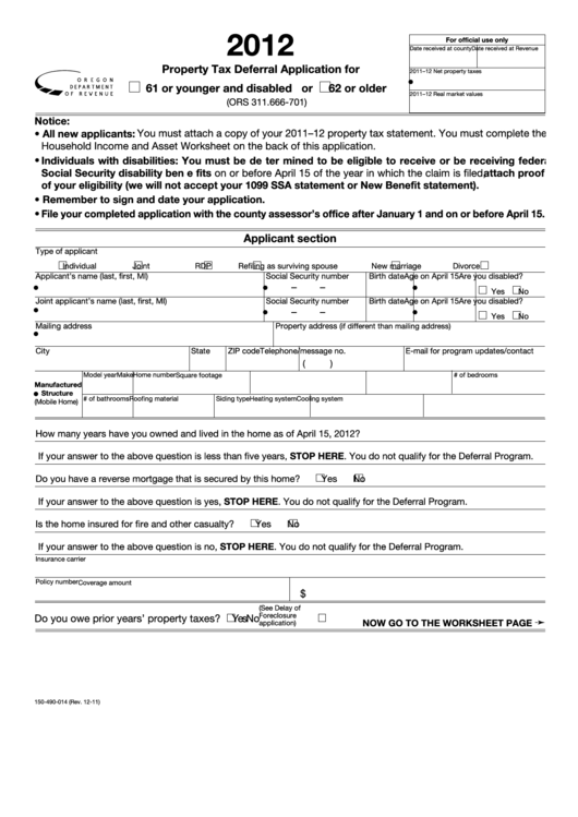 Fillable Form 150-490-014 - Property Tax Deferral Application For 61 Or Younger And Disabled Or 62 Or Older - 2012 Printable pdf