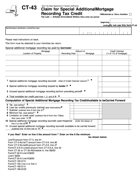 Fillable Form Ct-43 - Claim For Special Additional Mortgage Recording Tax Credit Printable pdf