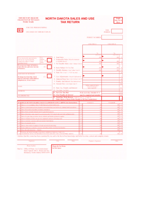 Form S1 - North Dakota Sales And Use Tax Return Printable pdf