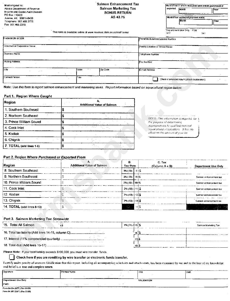 Form 04-394/ 04-587 - Bonus Return - Salmon Enhancement Tax - Salmon Marketing Tax