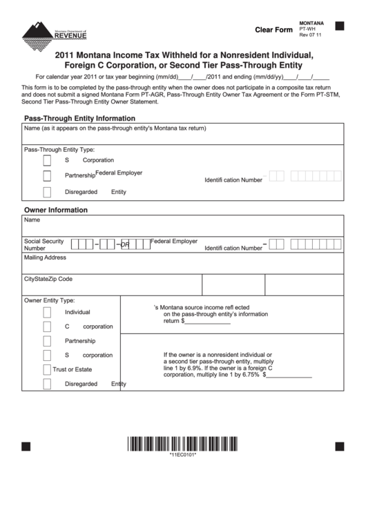Fillable Montana Form Pt-Wh - 2011 Montana Income Tax Withheld For A Nonresident Individual, Foreign C Corporation, Or Second Tier Pass-Through Entity Printable pdf