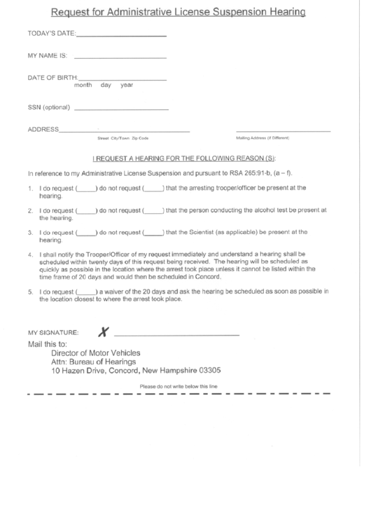 Fillable Request For Administrative License Suspension Hearing Printable pdf