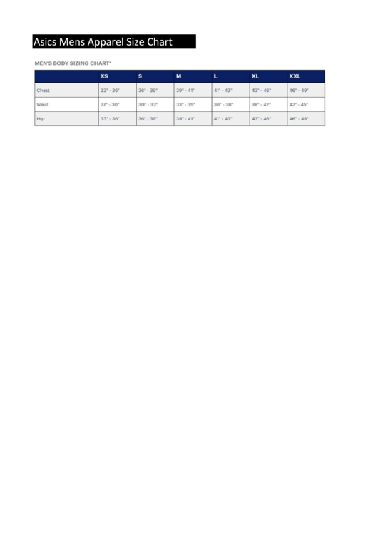 Asics Mens Apparel Size Chart Printable pdf