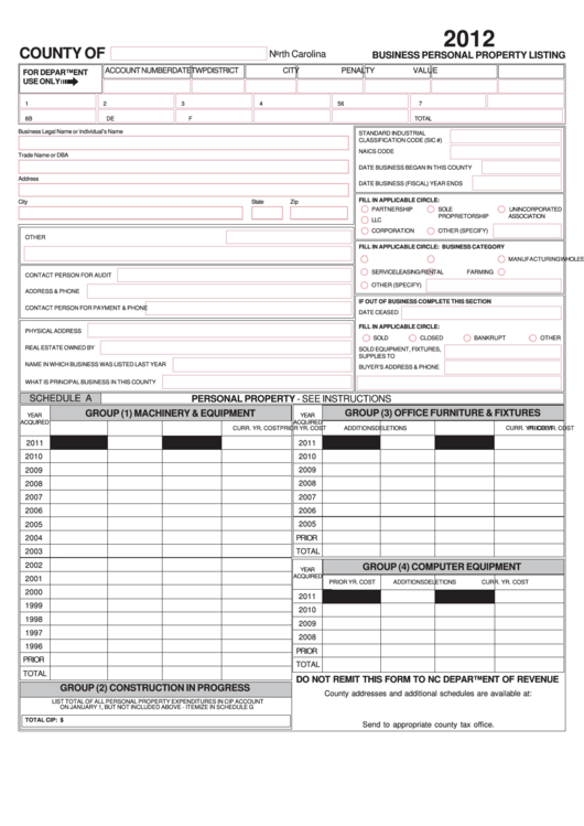 Business Personal Property Listing - North Carolina - 2012 Printable pdf