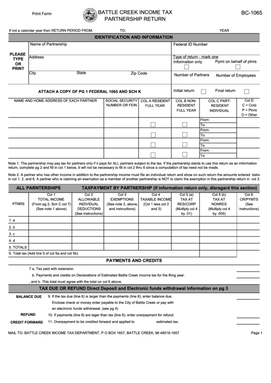 Fillable Form Bc-1065 - Partnership Return - Battle Creek Income Tax Printable pdf