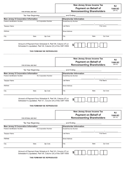Fillable Form Nj 1040-Sc - Payment On Behalf Of Nonconsenting Shareholders Printable pdf
