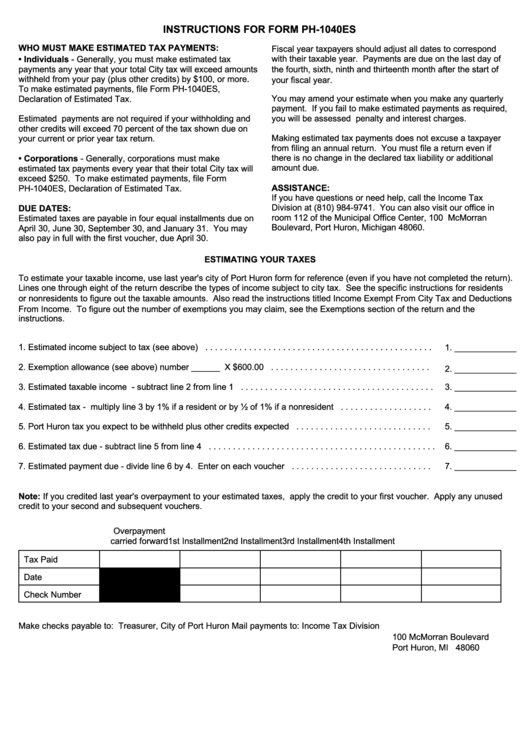 Instructions For Form Ph-1040es Printable pdf