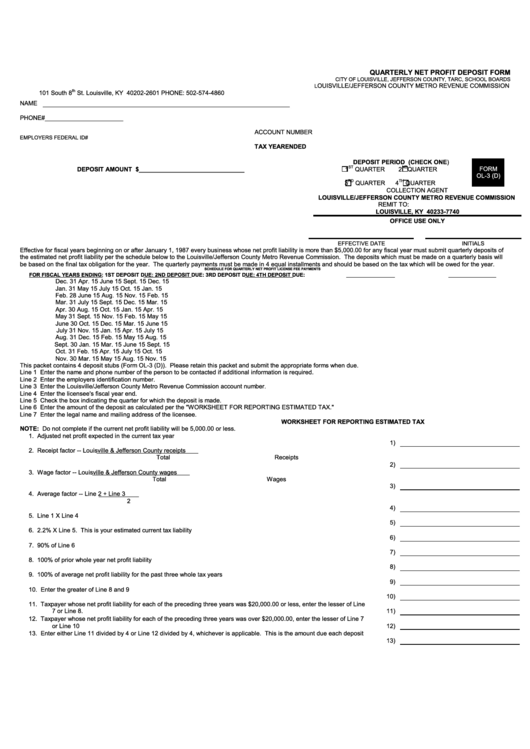Form Ol-3 (D) - Quarterly Net Profit Deposit Form Printable pdf
