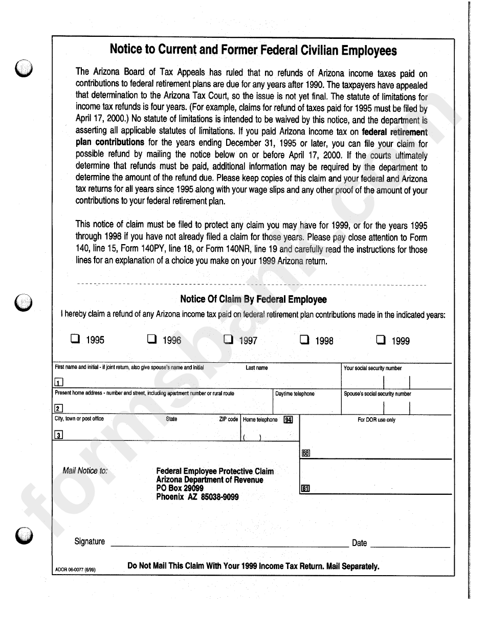 Form Ador 08-0077 - Notice Of Claim By Federal Employee - Arizona Departmnt Tof Revenue