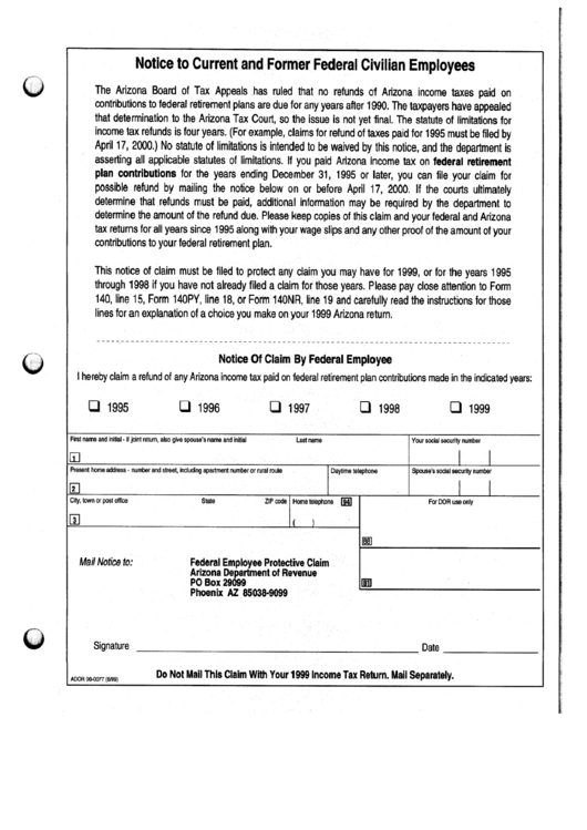 Form Ador 08-0077 - Notice Of Claim By Federal Employee - Arizona Departmnt Tof Revenue Printable pdf