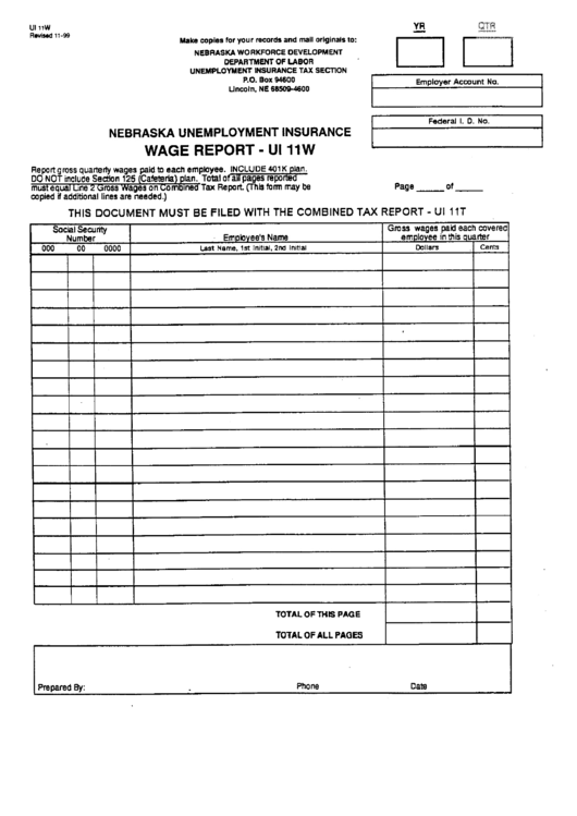 Form Ui 11w - Nebraska Unemployment Insurance - Wage Report Printable pdf