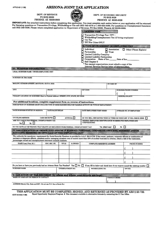 Form Ador 50-4002 - Arizona Joint Tax Application Printable pdf