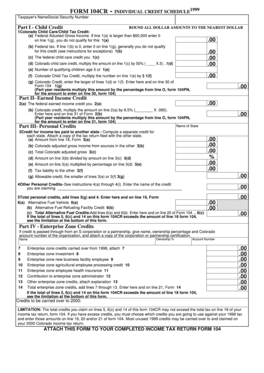 Form 104cr - Individual Credit Schedule - 1999 Printable pdf