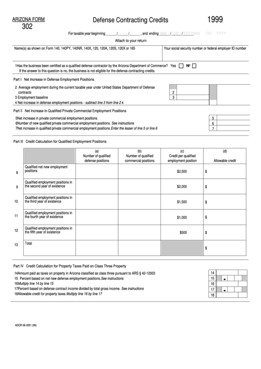 Fillable Arizona Form 302 - Defense Contracting Credits - 1999 Printable pdf