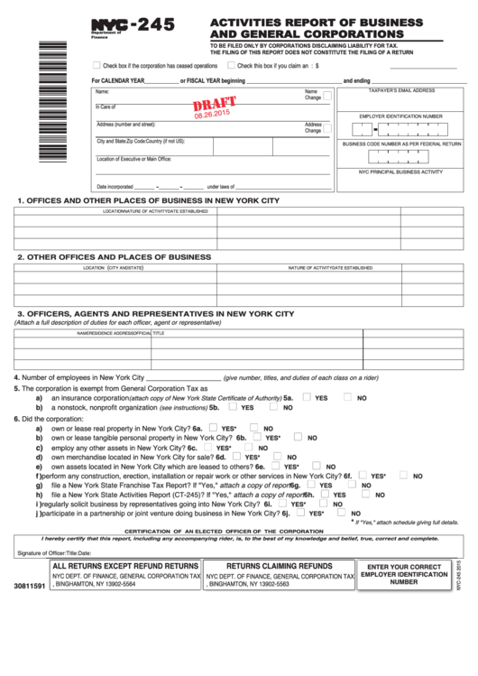 Form Nyc-245 Draft - Activities Report Of Business And General Corporations - 2015 Printable pdf