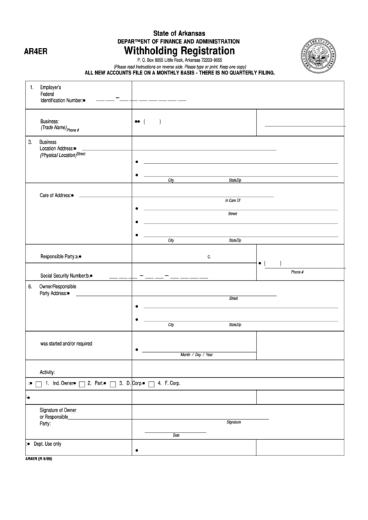 Form Ar4er - Withholding Registration Printable pdf