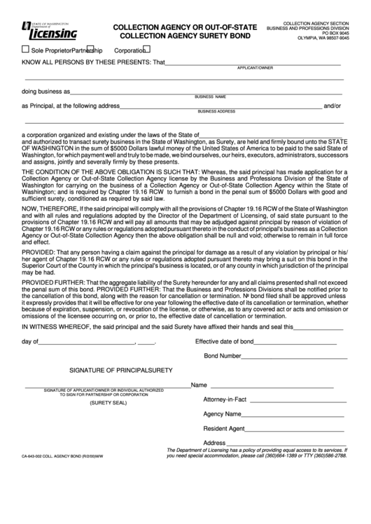 Form Ca-643-002 - Collection Agency Or Out-Of-State Collection Agency Surety Bond Printable pdf