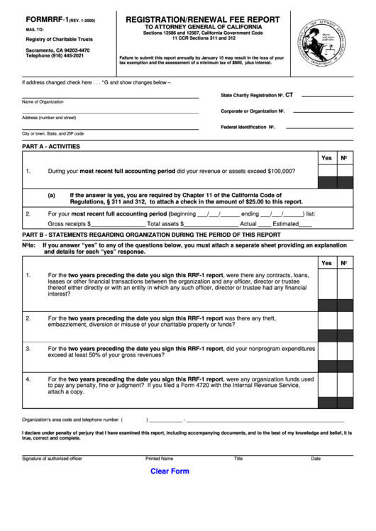 Fillable Form Rrf-1 - Registration/renewal Fee Report Printable pdf