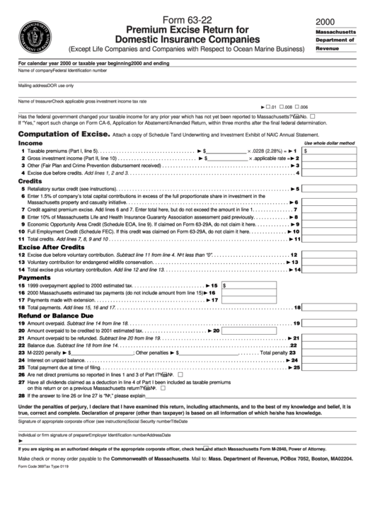 Fillable Form 63-22 - Premium Excise Return For Domestic Insurance Companies - 2000 Printable pdf