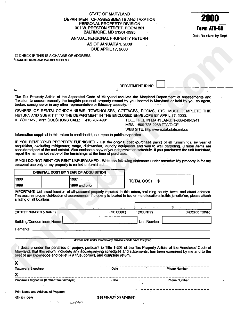 Form At3-53 - Annual Personal Property Return - 2000