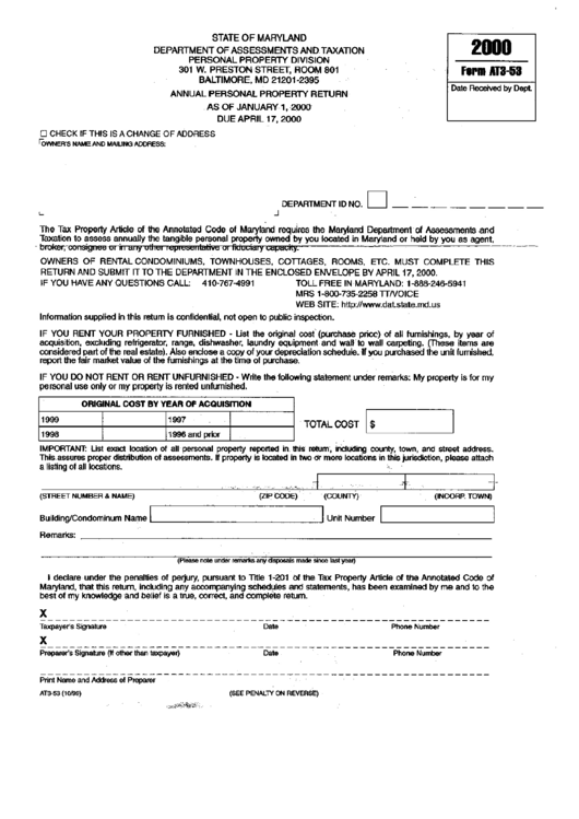 Form At3-53 - Annual Personal Property Return - 2000 Printable pdf