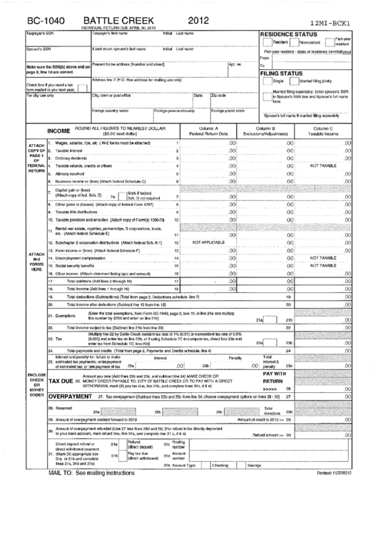 Form Bc-1040 - Individual Return - Battle Creek - 2012 printable pdf ...