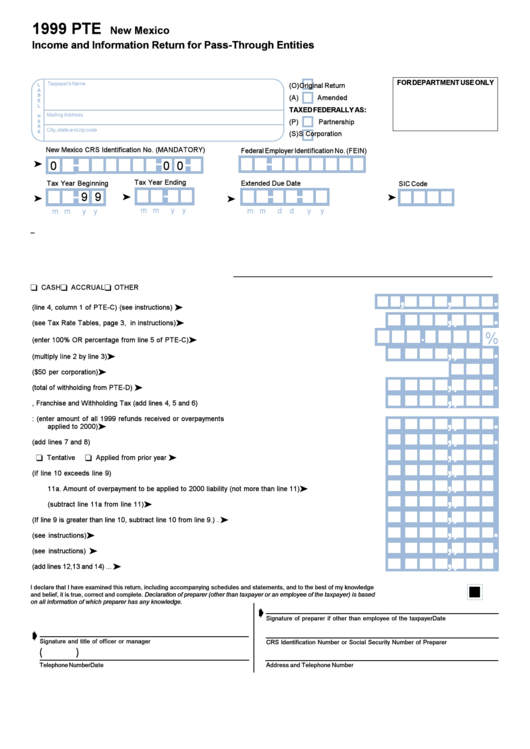 Form 1999 Pte - New Mexico Income And Information Return For Pass ...