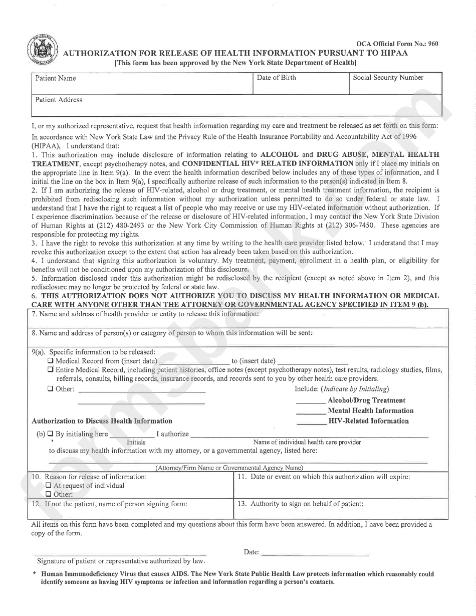 Oca Official Form 960 - Authorization For Release Of Health Information Pursuant To Hippa