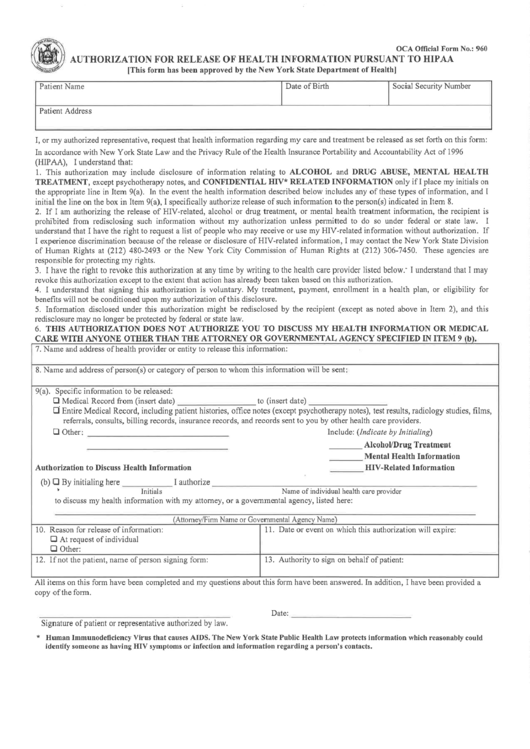 Oca Official Form 960 - Authorization For Release Of Health Information Pursuant To Hippa Printable pdf