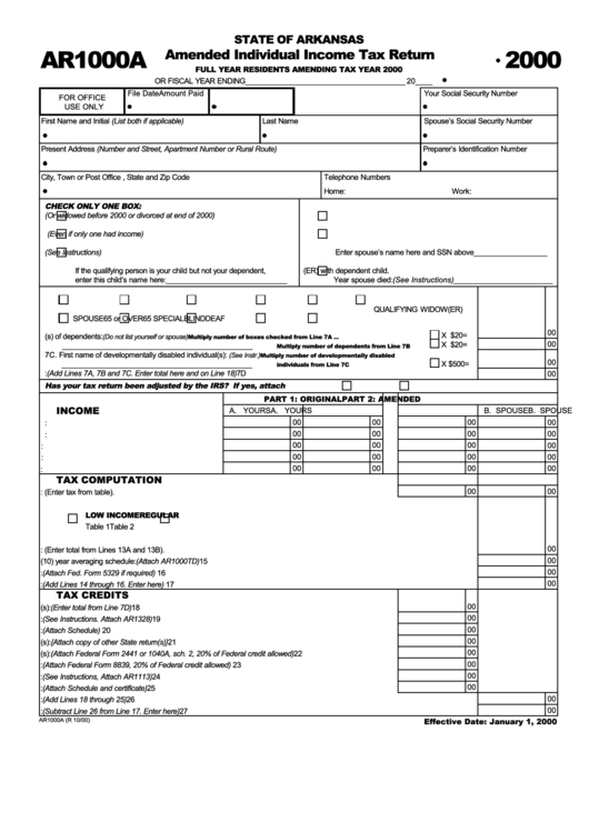 Form Ar1000a - Amended Individual Income Tax Return - 2000 Printable pdf