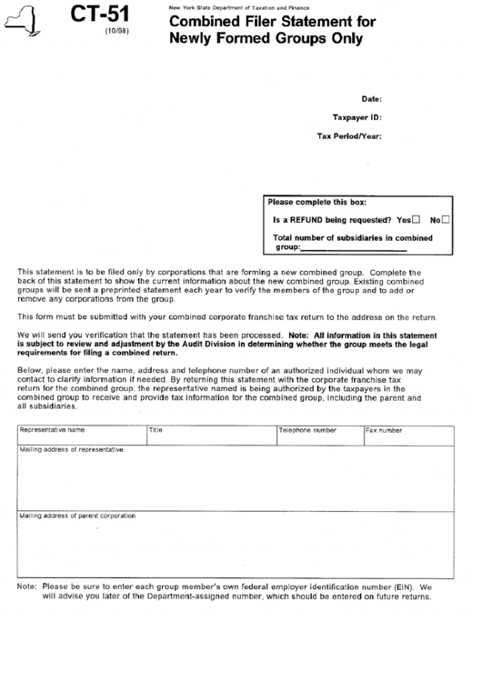 Fillable Form Ct-51 - Combined Filer Statement For Newly Formed Groups Only Printable pdf