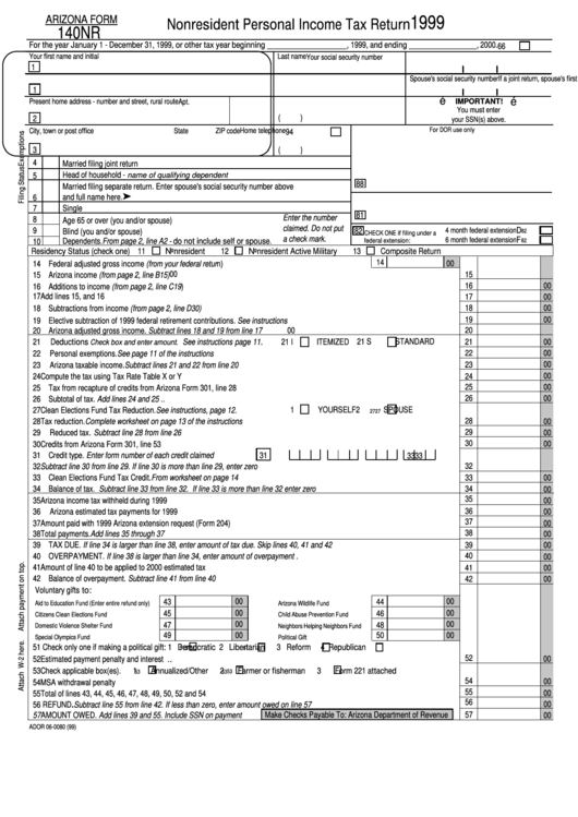 Form 140nr - Nonresident Personal Income Tax Return - 1999 Printable pdf