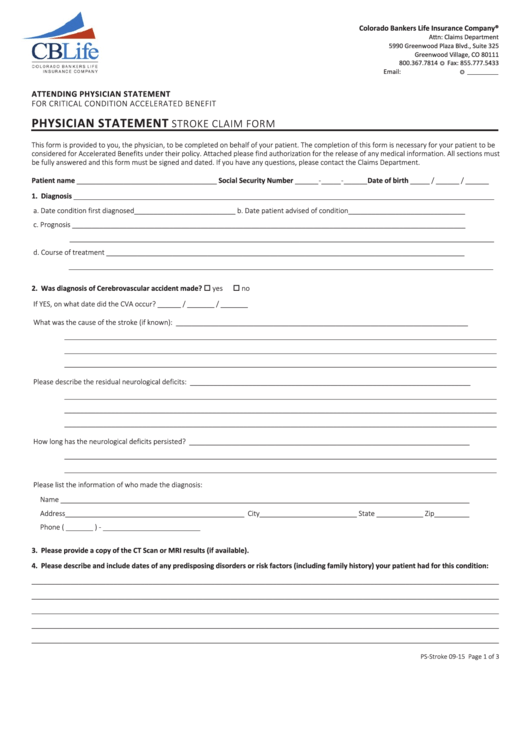Physician Statement Stroke Claim Form Printable pdf