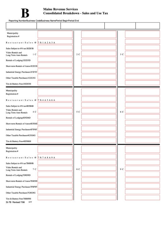 Form St-7b - Consolidated Breakdown - Sales And Use Tax - Maine Revenue Services Printable pdf