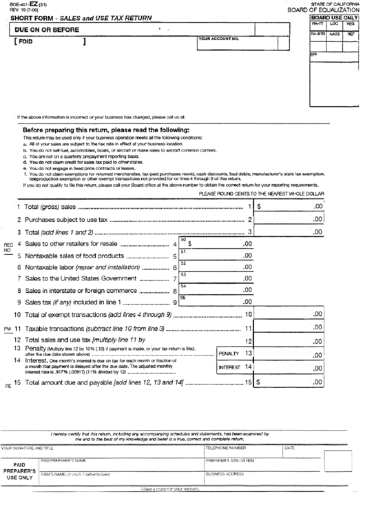 Form Rev. 19 - Short Form - Sales And Use Tax Return Printable pdf