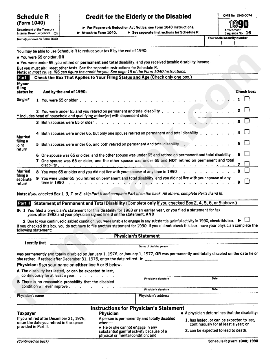 Schedule R (Form 1040) - Schedule R Credit For The Elderly Or The Disabled - 1990